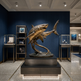 Bronze shark sculpture in a museum setting with blue walls and display 
cases.
Sculpture of two sharks leaping through abstract bronze waves