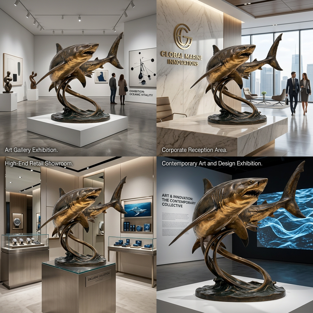 Shark sculpture in various settings including an art gallery, corporate reception area, high-end retail showroom, and contemporary art exhibition.