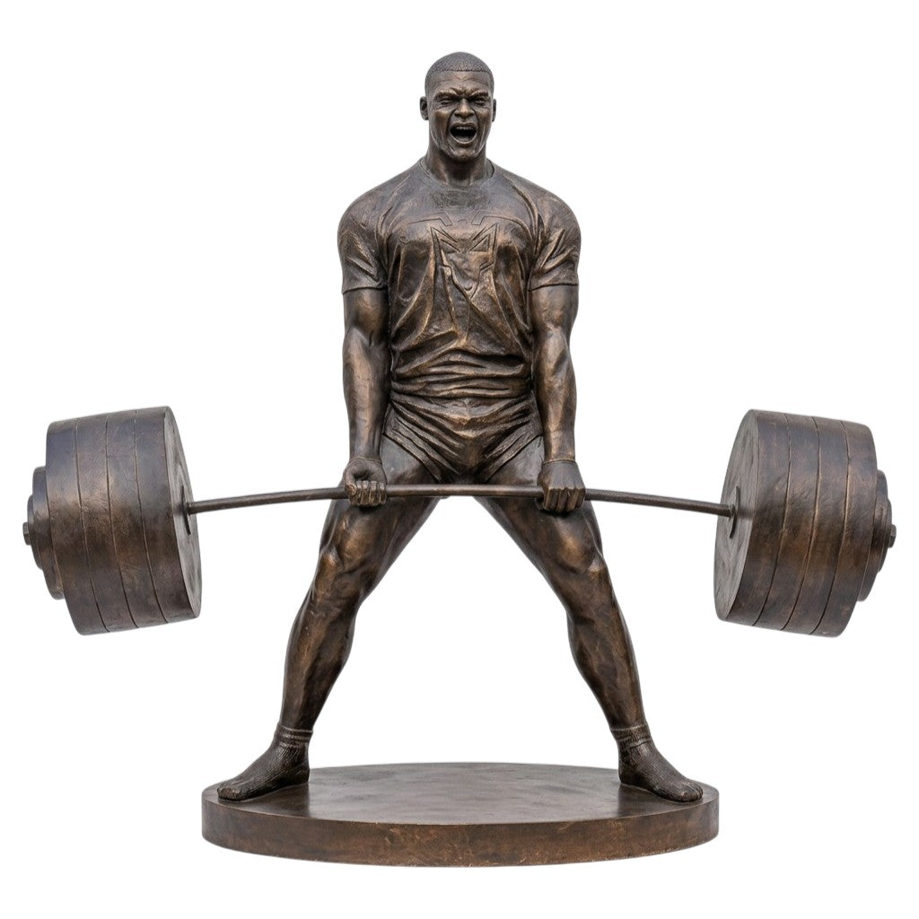 Bronze statue of a weightlifter lifting a barbell on a white background
Lifesize bronze deadlift athlete sculpture lifting a heavy barbell
