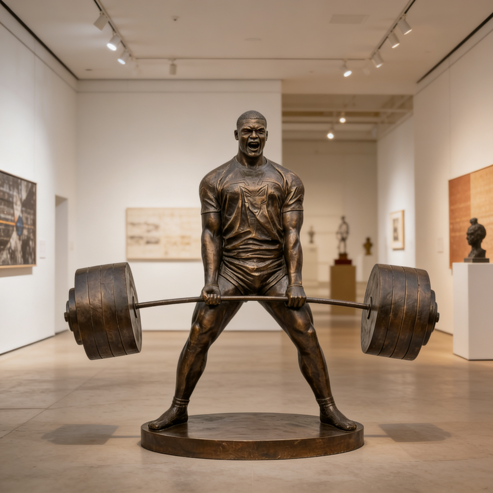 Bronze statue of a man lifting weights in an art gallery setting
Metal statue of a muscular lifter performing a deadlift on a circular base.