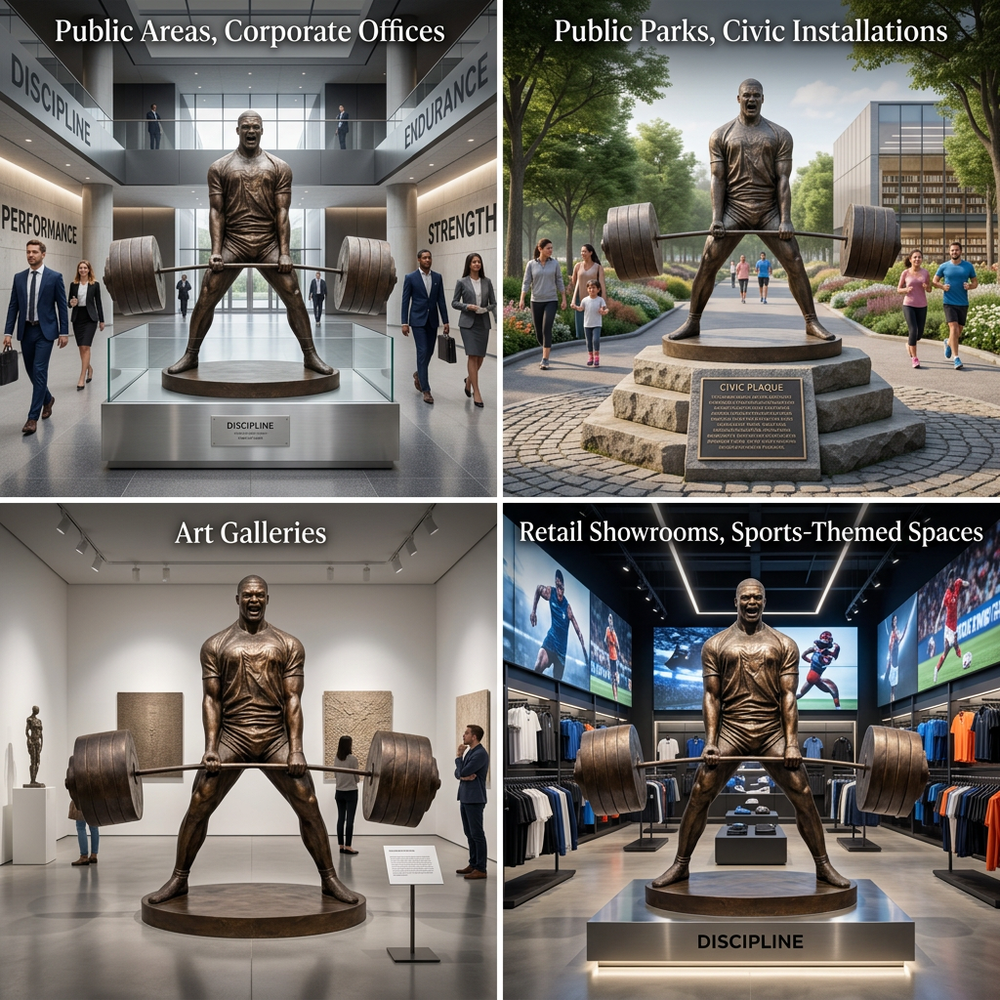 Collage of a bronze statue of a man lifting weights in various settings including public areas, corporate offices, public parks, art galleries, and retail showrooms.
Detailed bronze figure in deadlift position with open‑mouth exertion