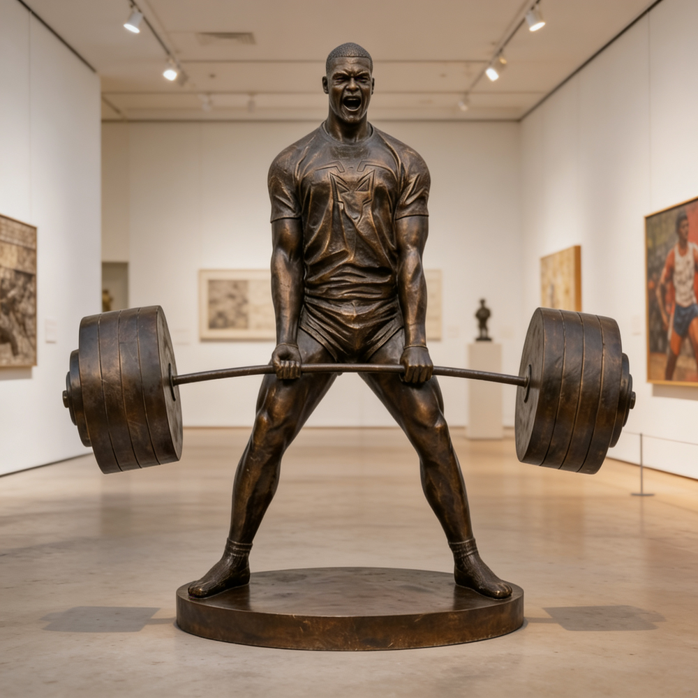 Bronze statue of a weightlifter in an art gallery setting
Strength‑themed bronze artwork of an athlete gripping a heavy barbell