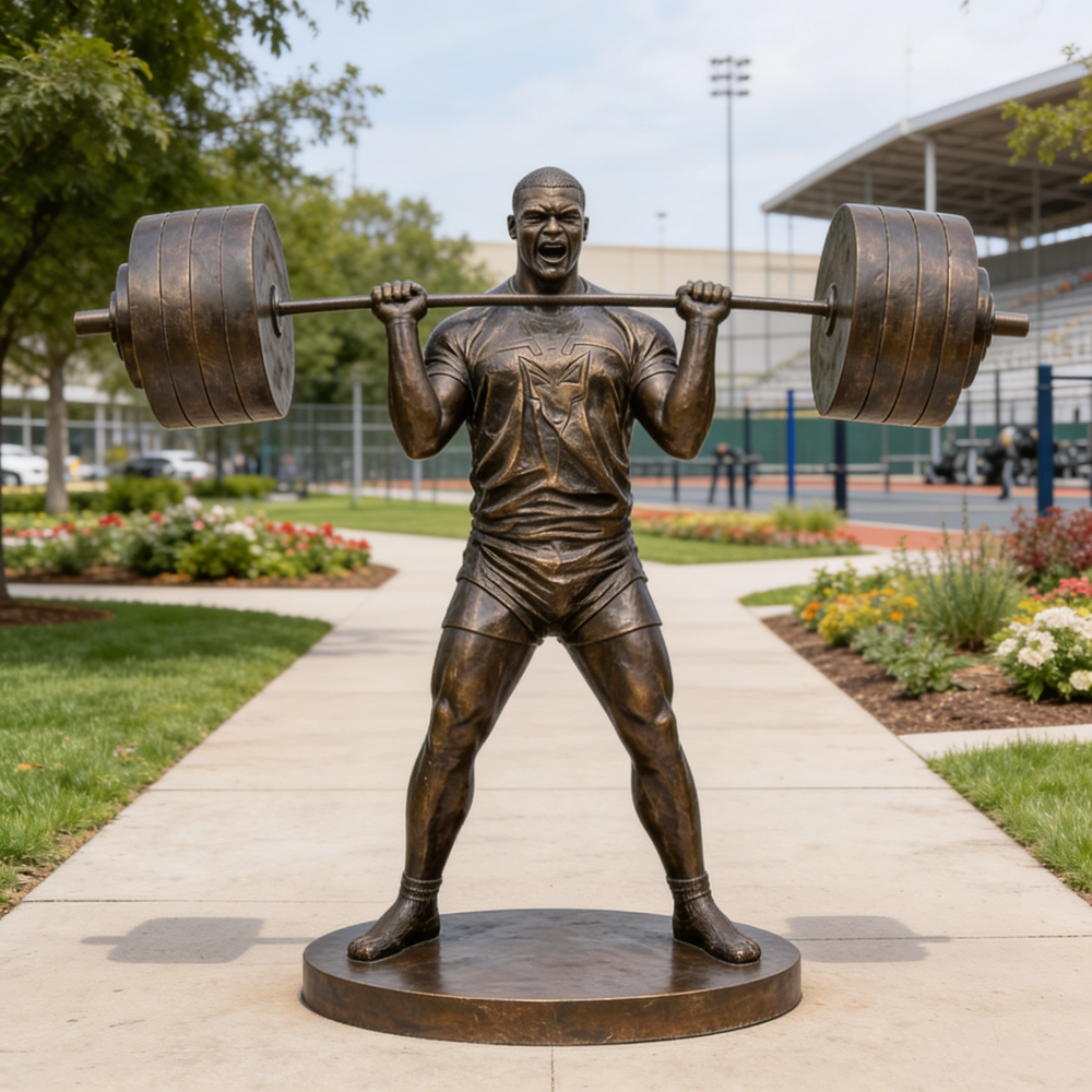 Bronze statue of a weightlifter lifting a barbell in an outdoor setting with greenery and sports facility.
Metal sculpture of a lifter performing a heavy deadlift with wide stance