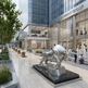 Modern cityscape with a silver bull statue in front of a high-rise building.
