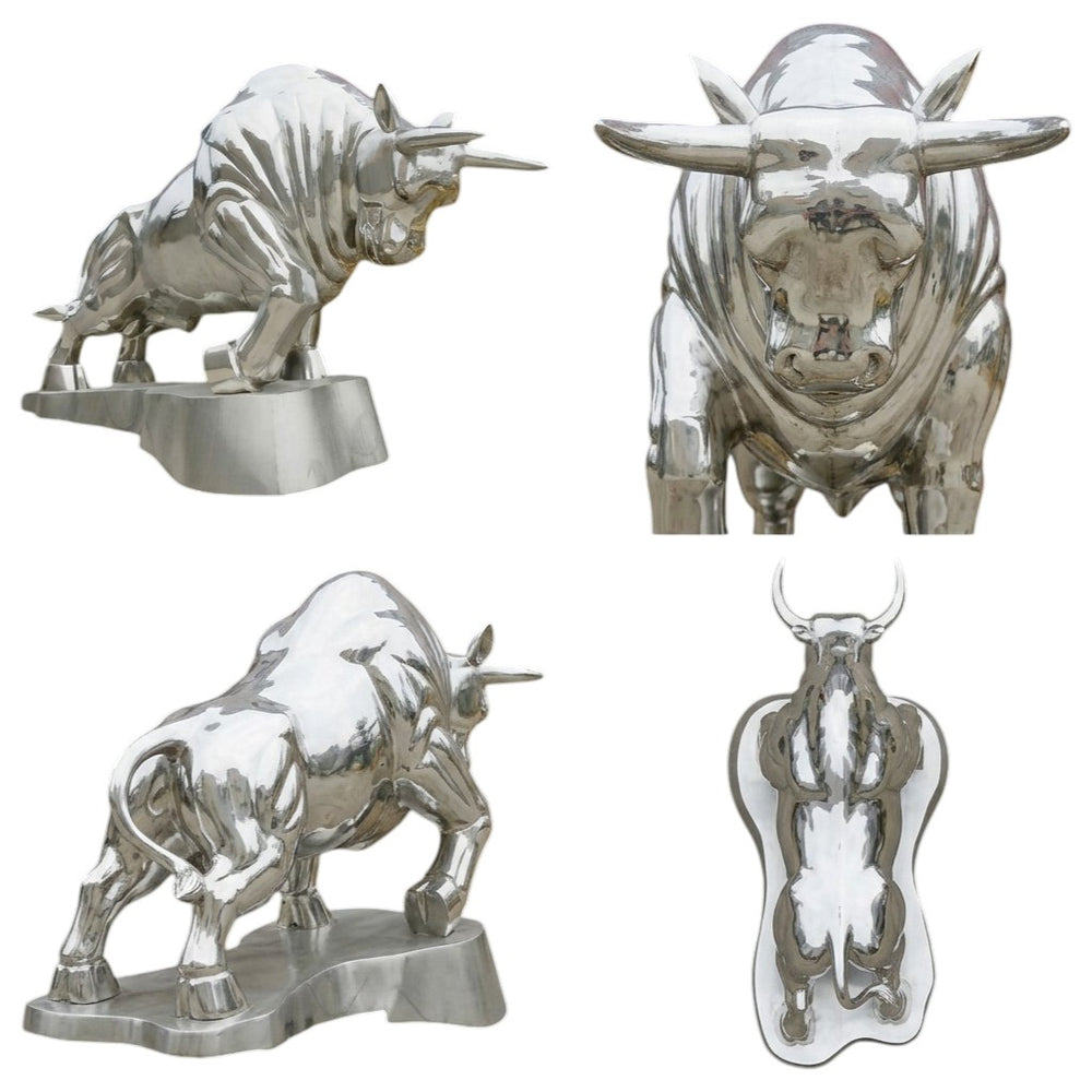 Polished steel bull sculpture with lowered head and pointed horns
