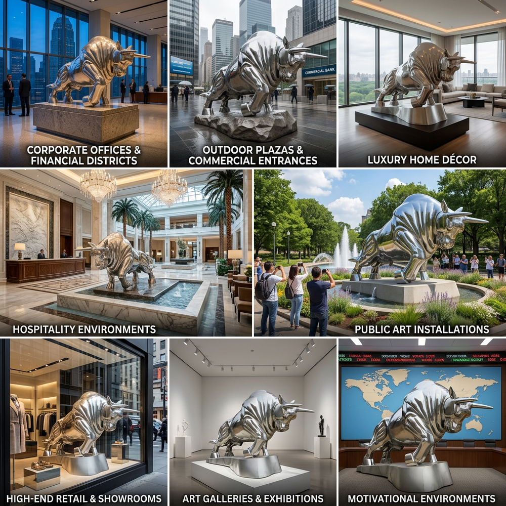 Collage of a metallic bull statue in various settings including corporate offices, outdoor plazas, luxury homes, and public art installations.
Metal charging bull sculpture mounted on a matching base.
