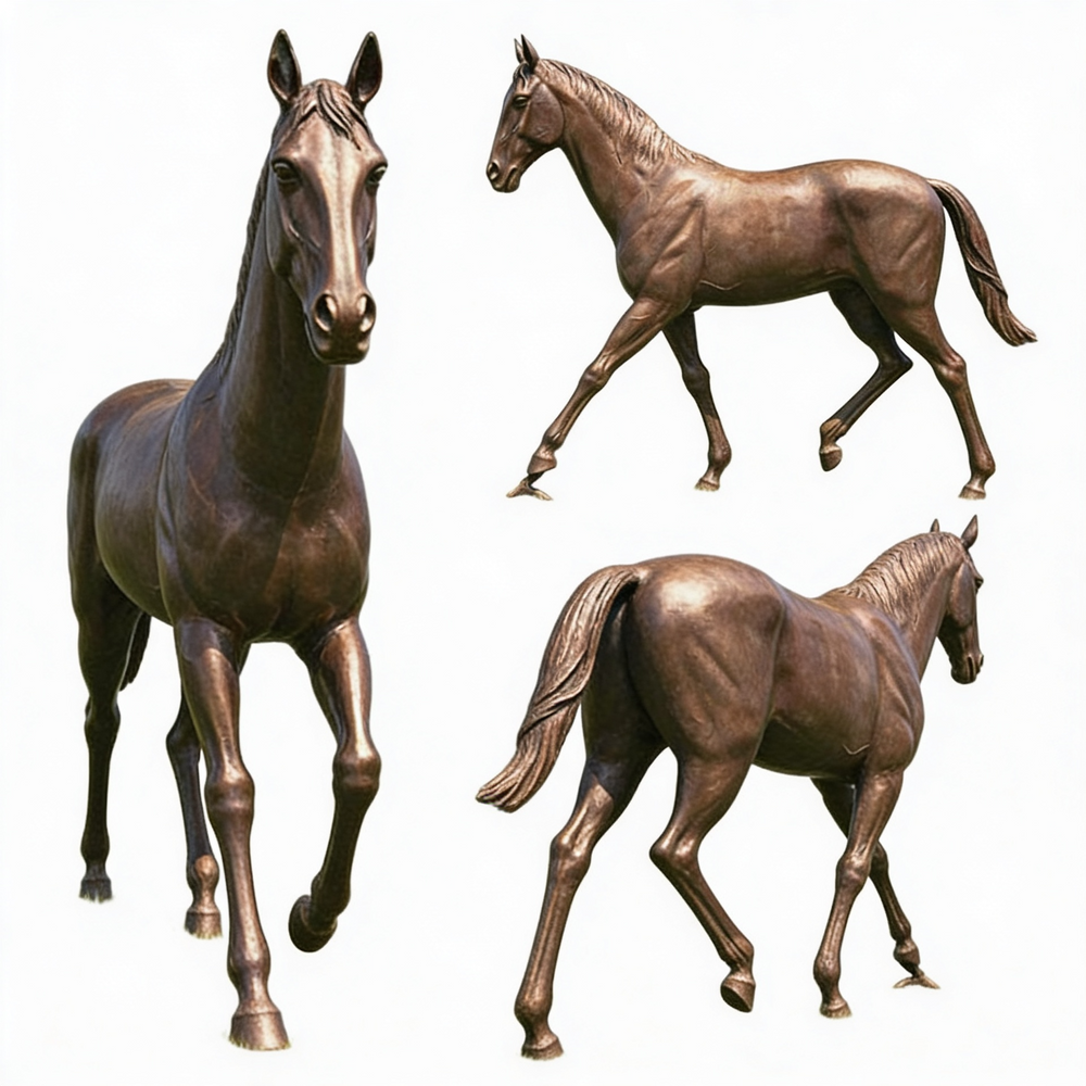 Polished bronze horse figure in a graceful walking motion