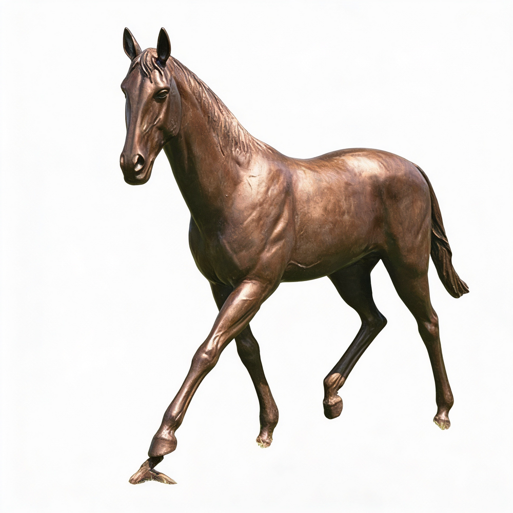 Bronze animal sculpture of a walking horse with realistic body structure