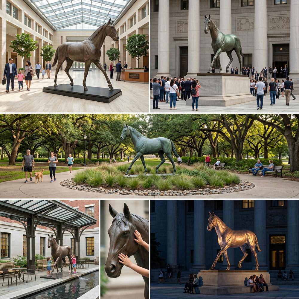 A collage of horse statues in various settings including a museum, park, and outdoor areas.
Lifelike bronze horse statue with textured detailing and smooth finish