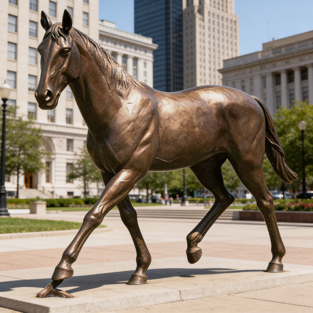 Bronze horse statue in an urban setting with buildings and trees in the background