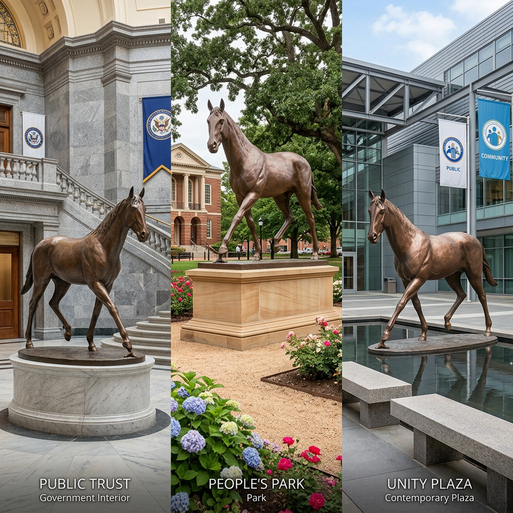Realistic bronze sculpture of a horse with defined muscles and natural posture