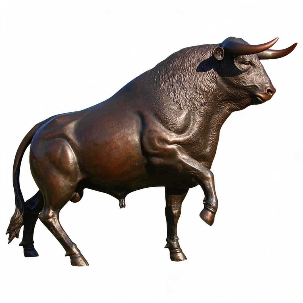 Bronze statue of a bull on a white background
Lifesize bronze standing bull sculpture with raised front leg