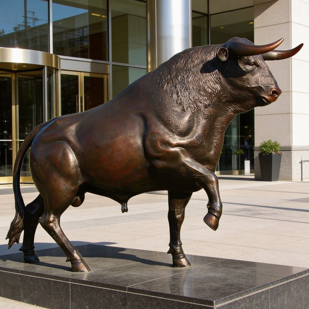 Bronze bull statue in front of a modern building
Sculpture of a lifesize bull with raised leg and powerful stance
