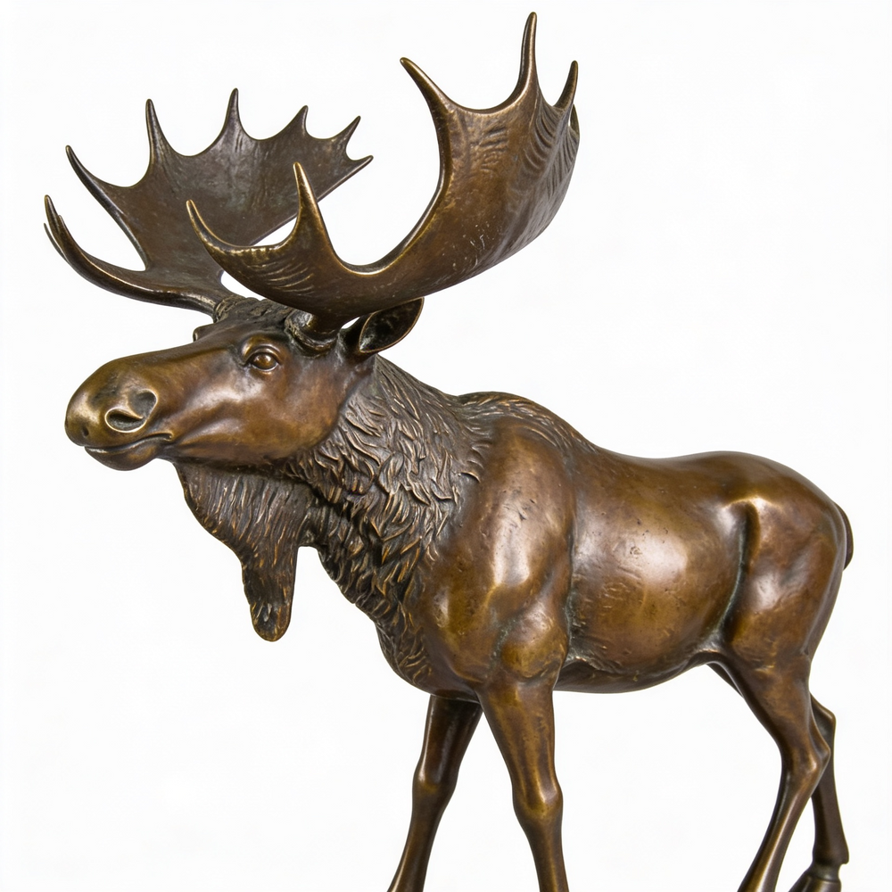 Bronze statue of a moose with large antlers on a white background