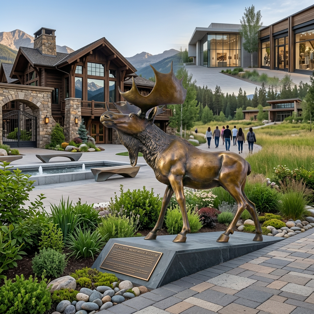 Bronze moose statue in front of a luxurious house with mountains in the background