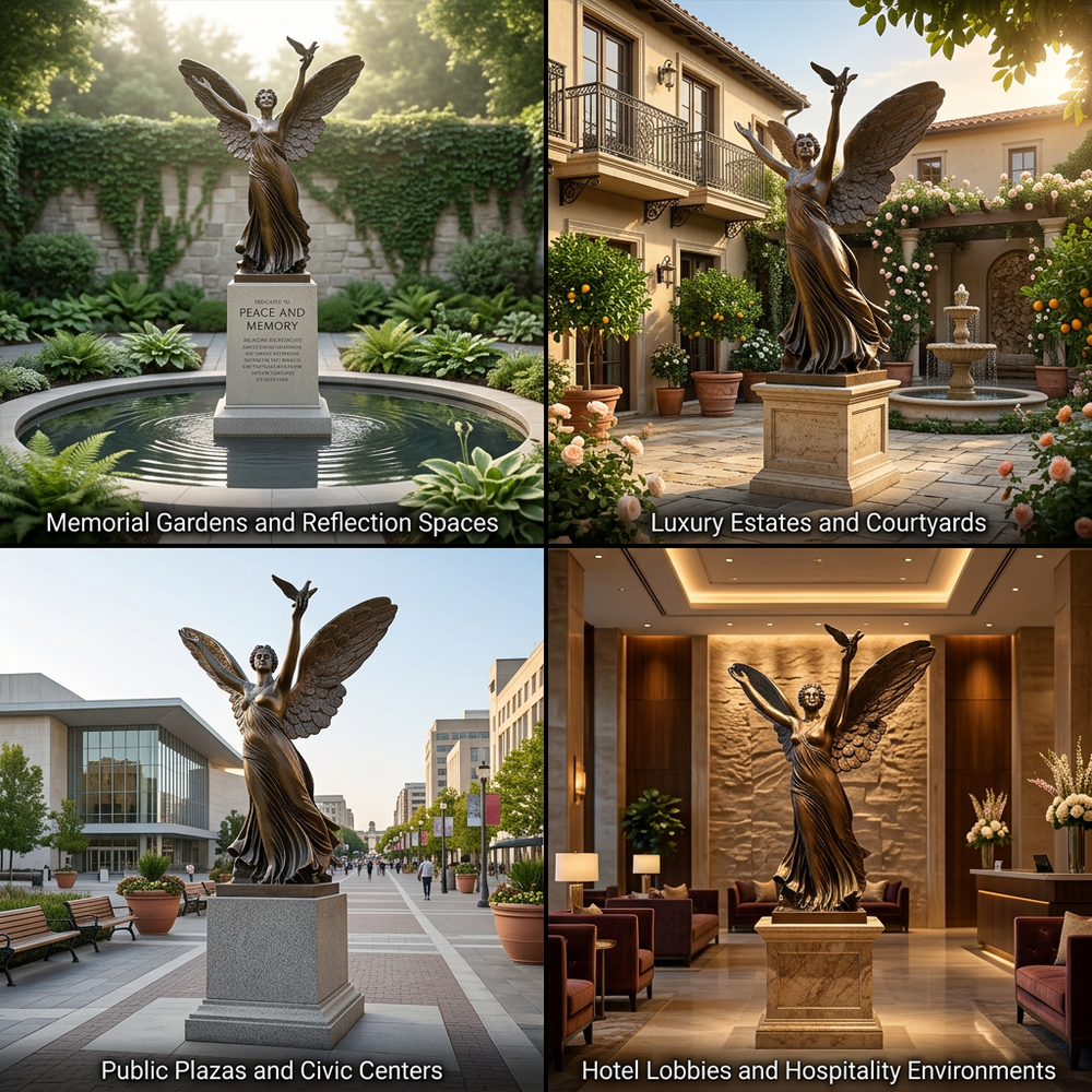 Collage of statues in various settings including memorial gardens, luxury estates, public plazas, and hotel lobbies.