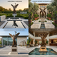 Collage of a bronze statue in various settings including memorial gardens, luxury estate, public plaza, and hotel lobby.