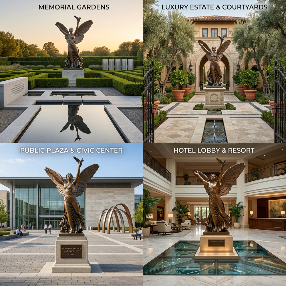 Collage of a bronze statue in various settings including memorial gardens, luxury estate, public plaza, and hotel lobby.
