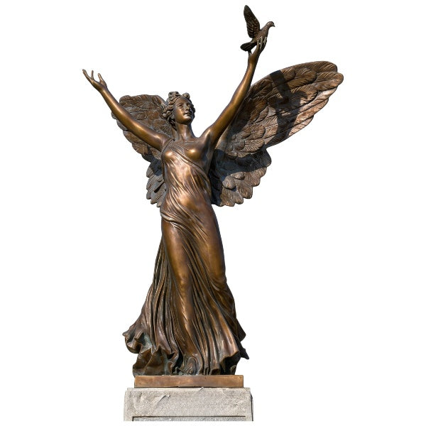Bronze statue of an angel with outstretched wings holding a dove on a white background