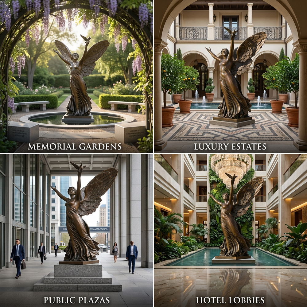 Collage of a bronze statue in various settings including Memorial Gardens, Luxury Estates, Public Plazas, and Hotel Lobbies.