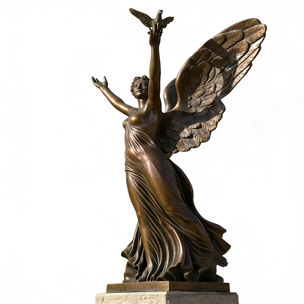 Bronze statue of an angel with outstretched wings holding a dove on a white background