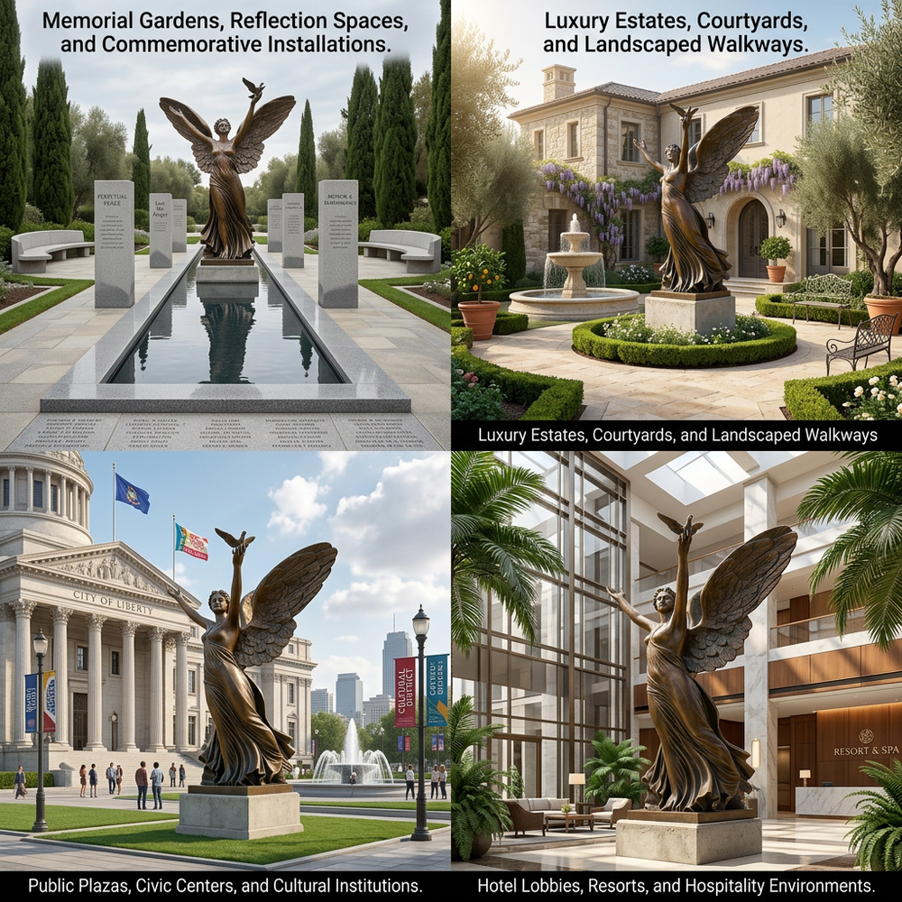 Collage of statues in various settings including gardens, estates, plazas, and hotels.