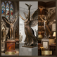 Bronze statue of an angel with outstretched wings in various settings