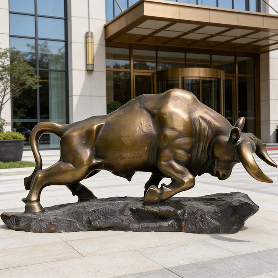 Lifesize Bronze Charging Bull Sculpture on Textured Terrain Base – TAIMCO Model # MSC1270