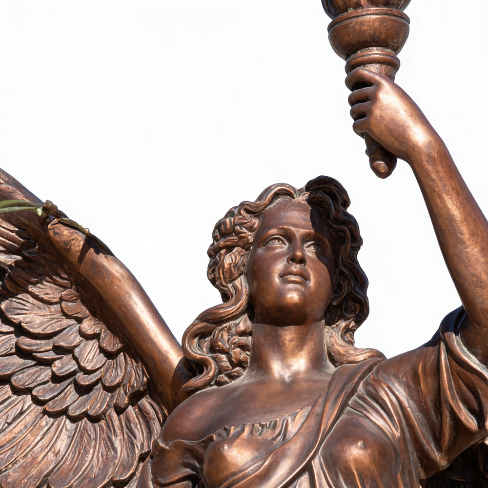 Bronze statue of an angel holding a candle against a white background
Classical bronze statue symbolizing victory and enlightenment