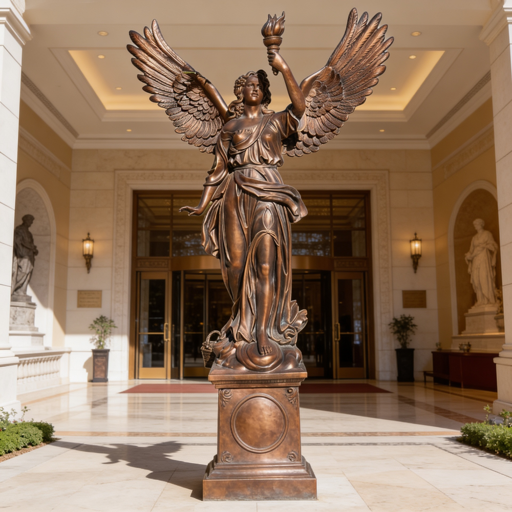 Bronze statue of an angel with outstretched wings in a grand 
hallway.
Bronze artwork of a winged woman standing with torch raised.