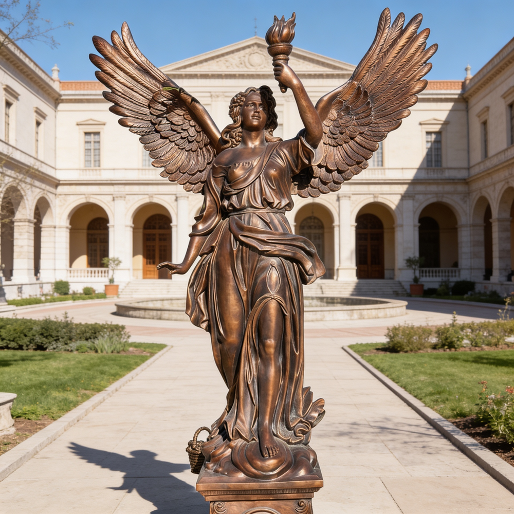 Bronze statue of an angel holding a torch in front of a classical building.
Sculpture of a winged woman lifting a torch on pedestal