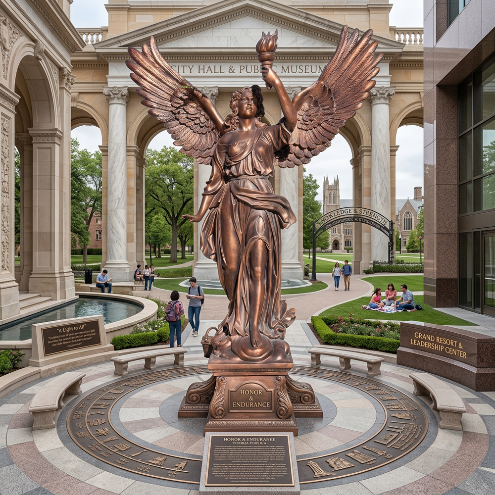 Bronze statue of an angel with outstretched wings in front of a building complex.
Bronze winged victory statue with flowing robes