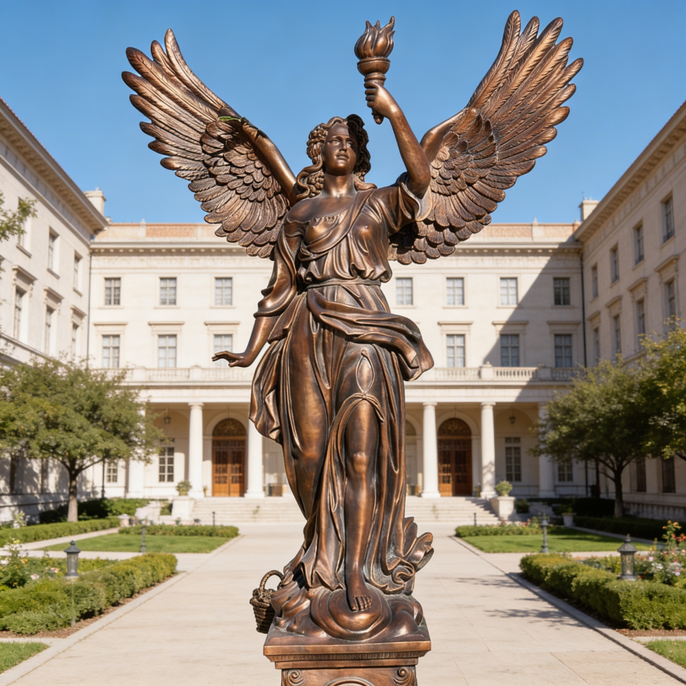 Bronze statue of an angel holding a torch in front of a classical building
Lifesize bronze statue representing triumph and freedom