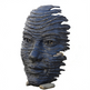 Blue stone sculpture of a face on a white background
