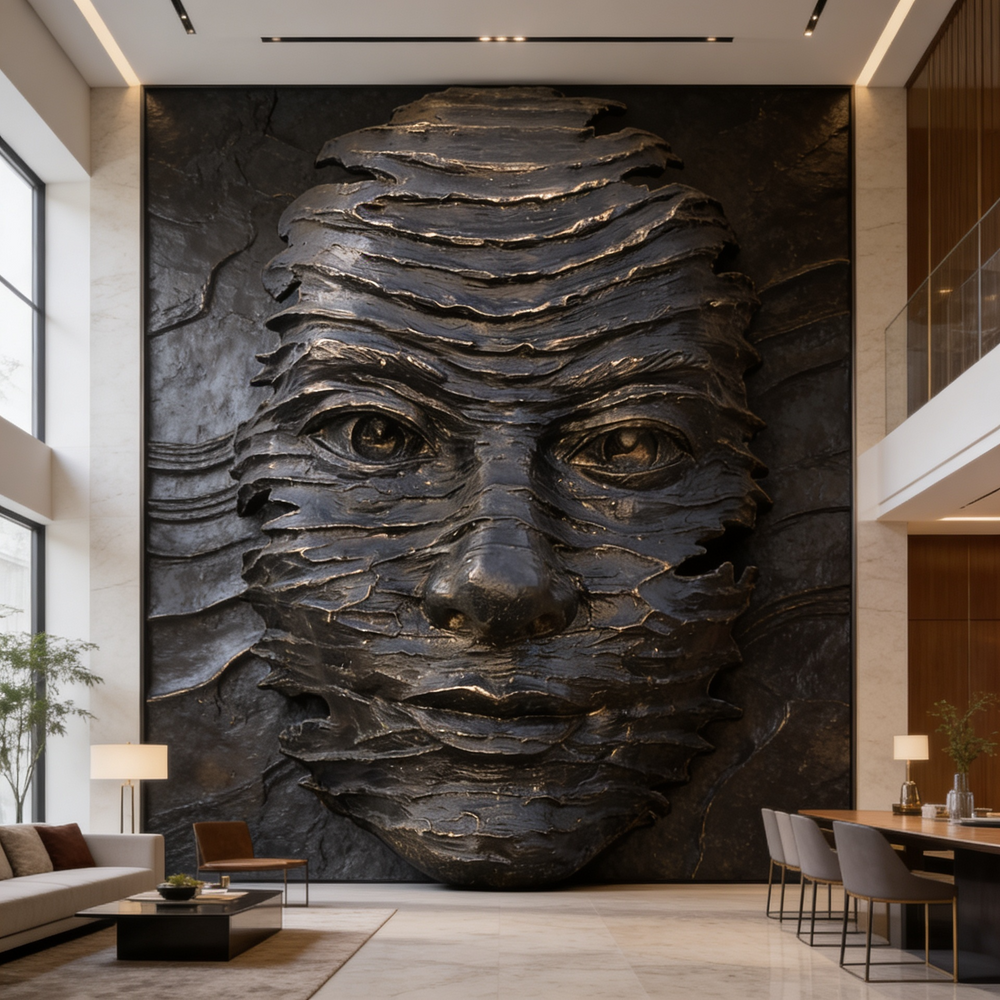 Large wall sculpture of a face in a modern interior setting