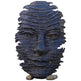 Blue stone sculpture of a face on a white background