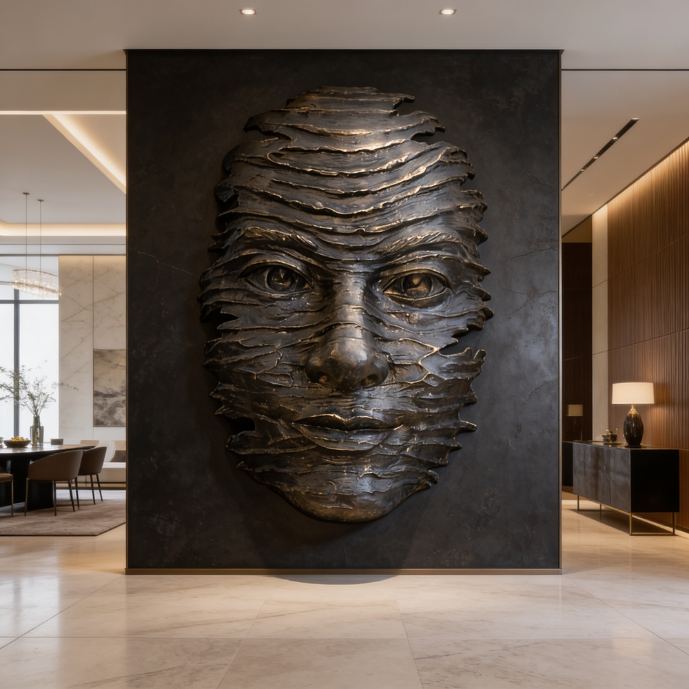 Decorative wall art of a textured face in a modern interior setting