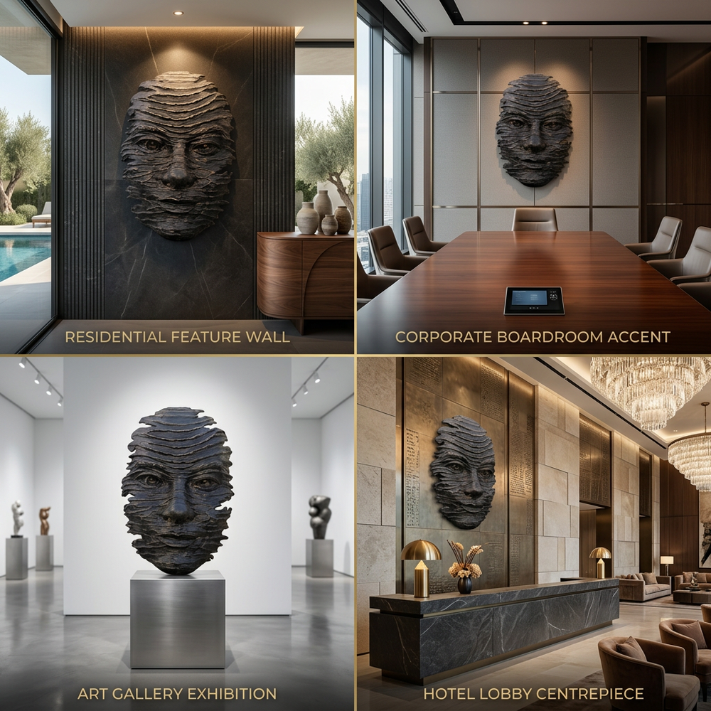 Collage of a decorative wall sculpture in various settings including a residential feature wall, corporate boardroom, art gallery, and hotel lobby.