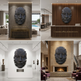 Wall-mounted sculpture of a face in various settings including a living room, office, art gallery, and hotel lobby.
