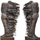 Two bronze sculptures of a human figure with wavy, layered design on a white background
Bronze statue with realistic anatomy merging into wave‑like layers
