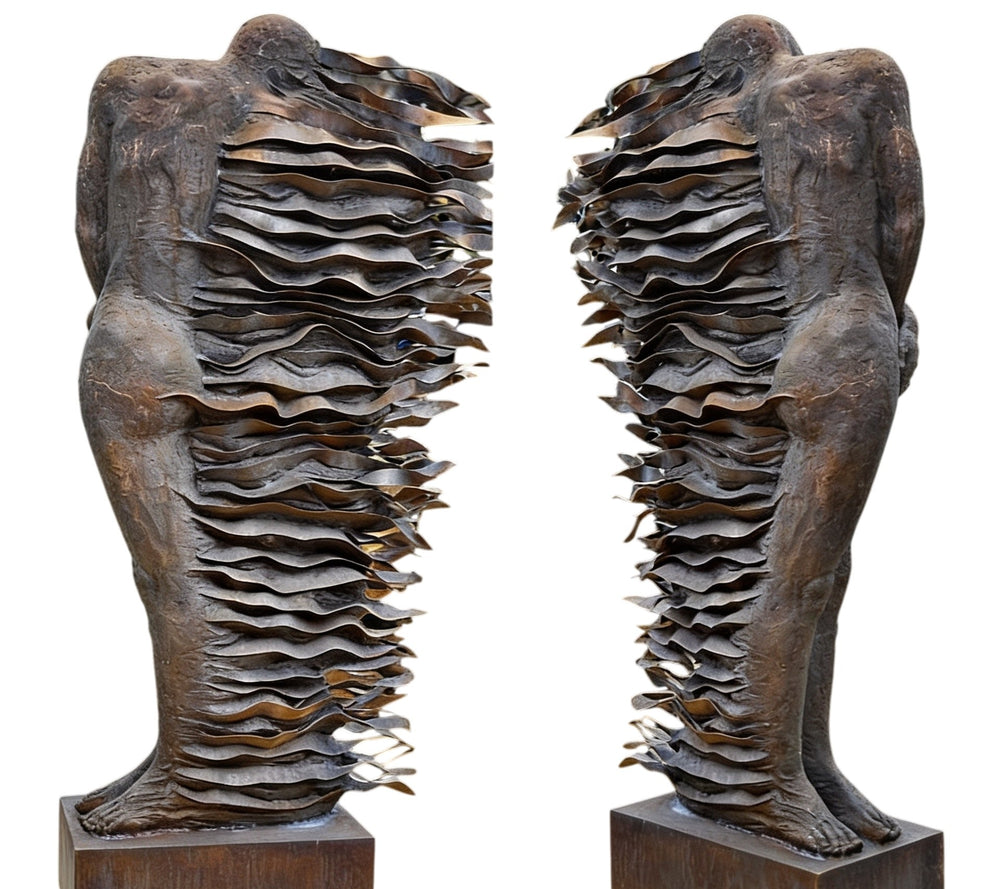 Two bronze sculptures of a human figure with wavy, layered design on a white background
Bronze statue with realistic anatomy merging into wave‑like layers