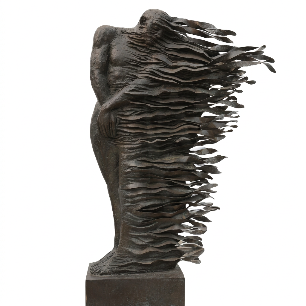 Bronze sculpture of a figure with flowing wings on a white background
Lifesize bronze dissolving human figure sculpture with flowing layered form