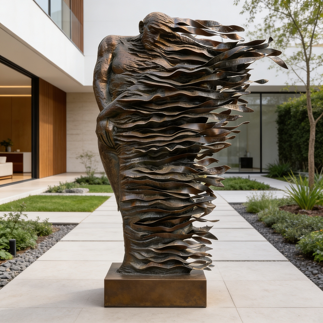 Bronze sculpture of a dynamic figure in an outdoor setting with modern 
architecture.
Bronze statue of a human figure transforming into ribbon‑like strips