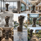 Collage of a large abstract sculpture in various indoor and outdoor settings.
Abstract bronze sculpture of a dissolving human silhouette