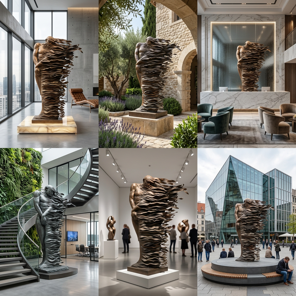 Collage of a large abstract sculpture in various settings including indoors and outdoors.
Sculpture of a human form breaking into thin, flowing bronze strips