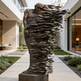 Bronze sculpture of a winged figure in front of a modern house
Lifesize bronze figure with one side dissolving into layered ribbons