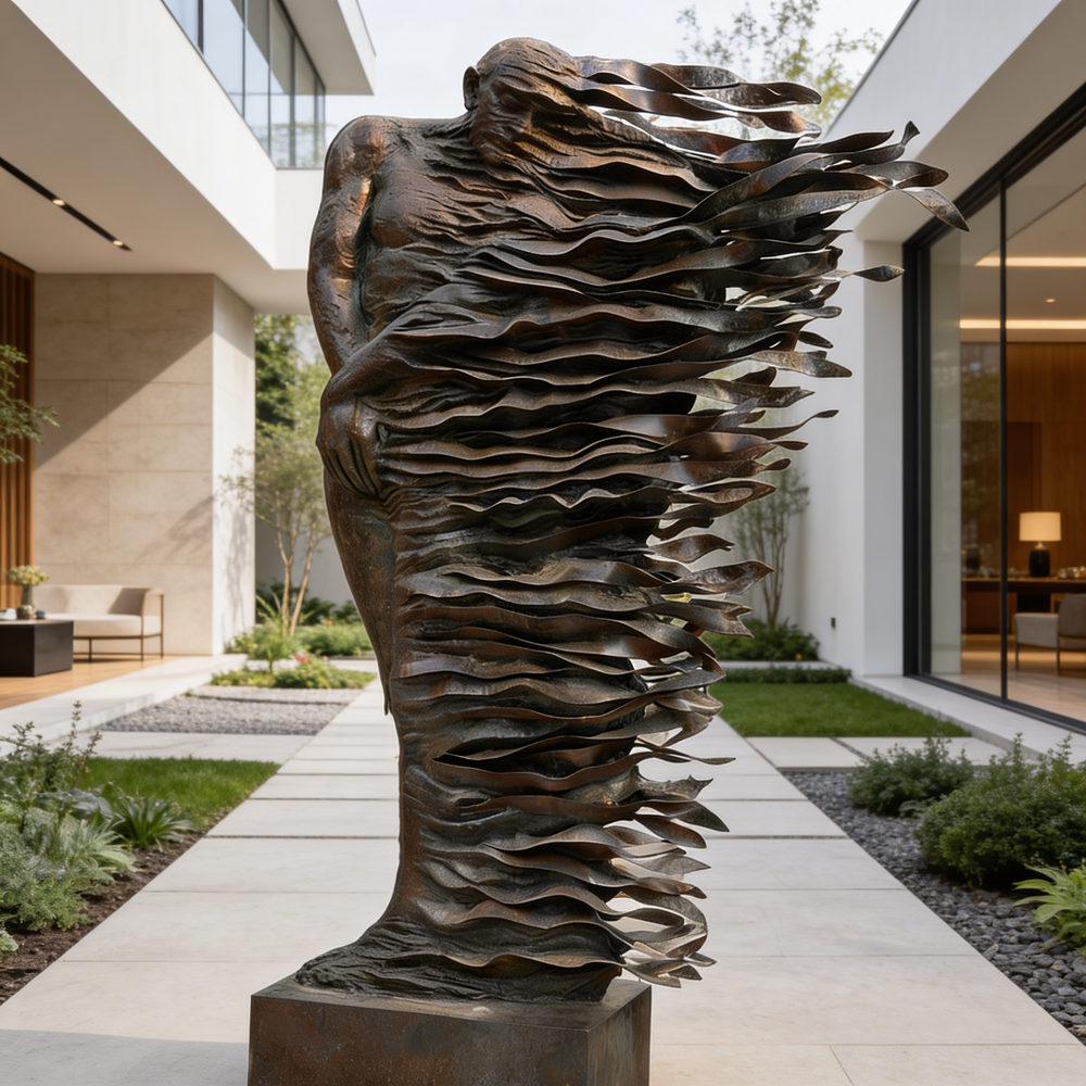 Bronze sculpture of a winged figure in front of a modern house
Lifesize bronze figure with one side dissolving into layered ribbons