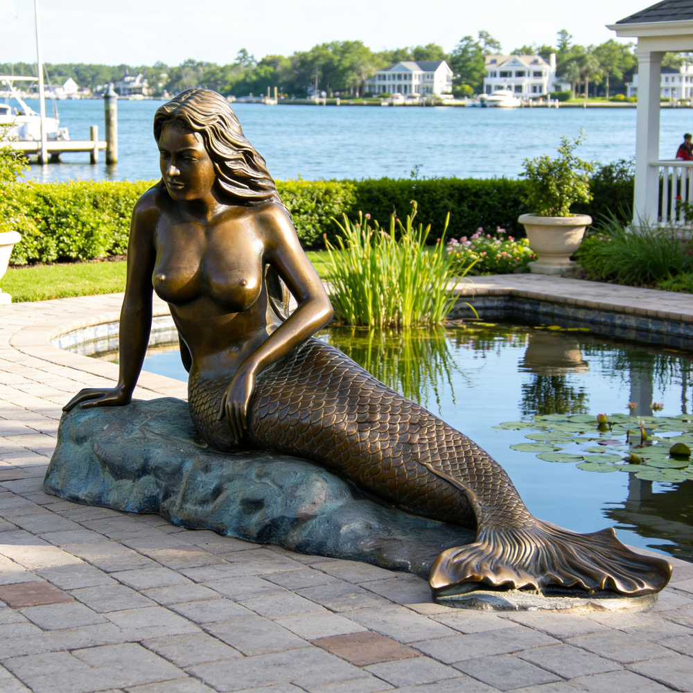 Bronze mermaid statue by a waterfront with greenery and houses in the background