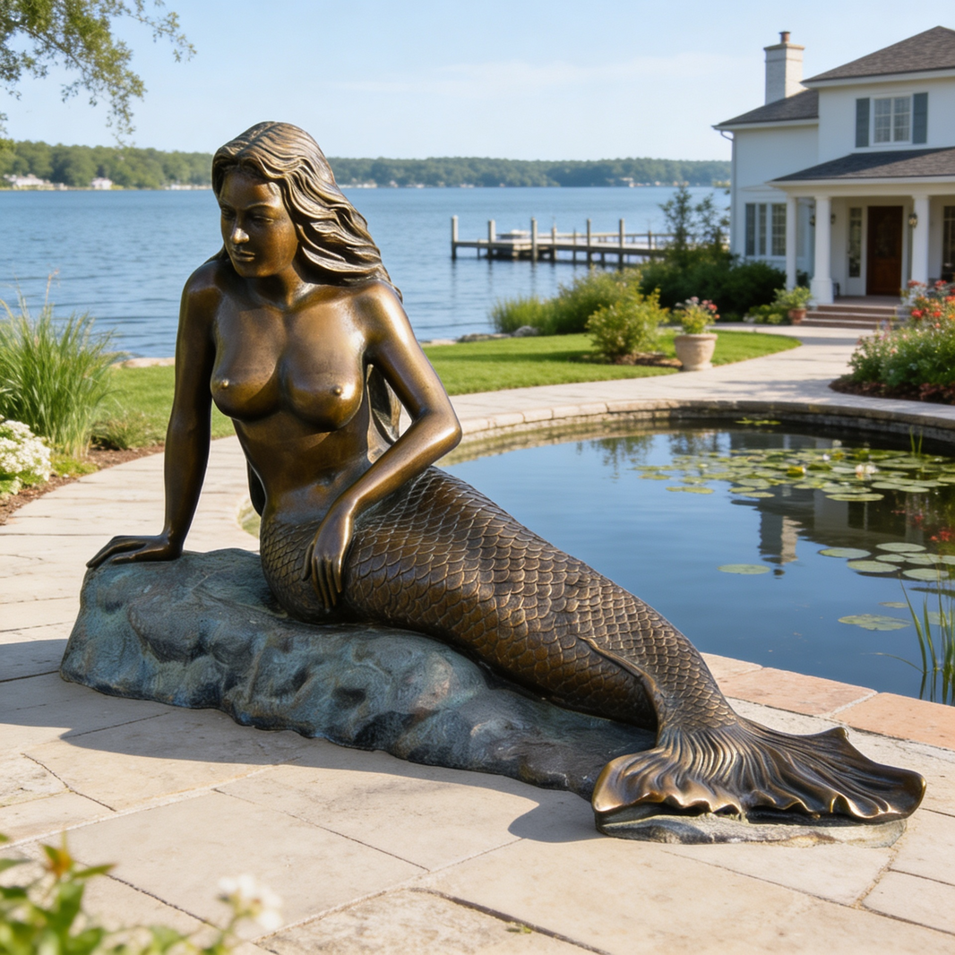 Bronze mermaid statue in front of a house with a lake view