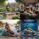 Collage of a mermaid statue in various settings including outdoors, indoors, and in front of an aquarium.